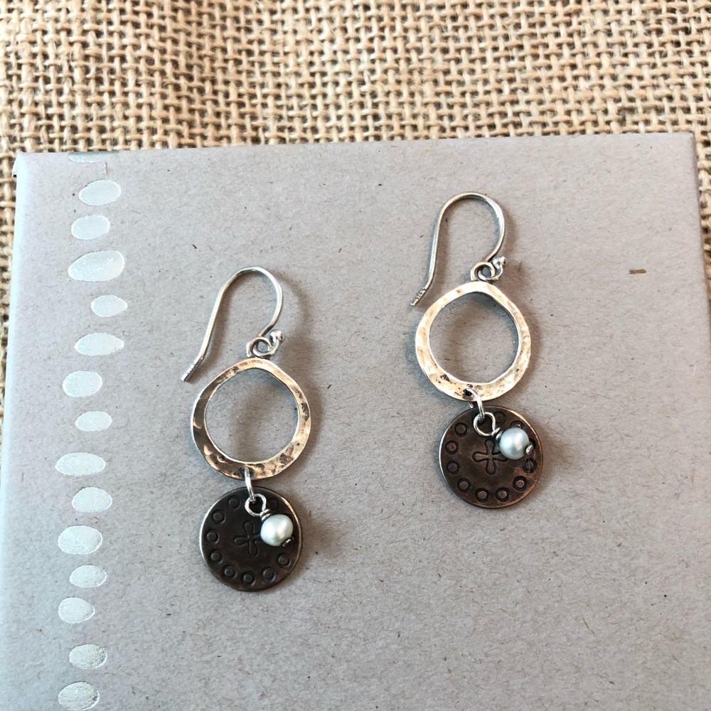 Retired Silpada Sterling Silver .925 Copper Pearl Coin Dangle Earrings